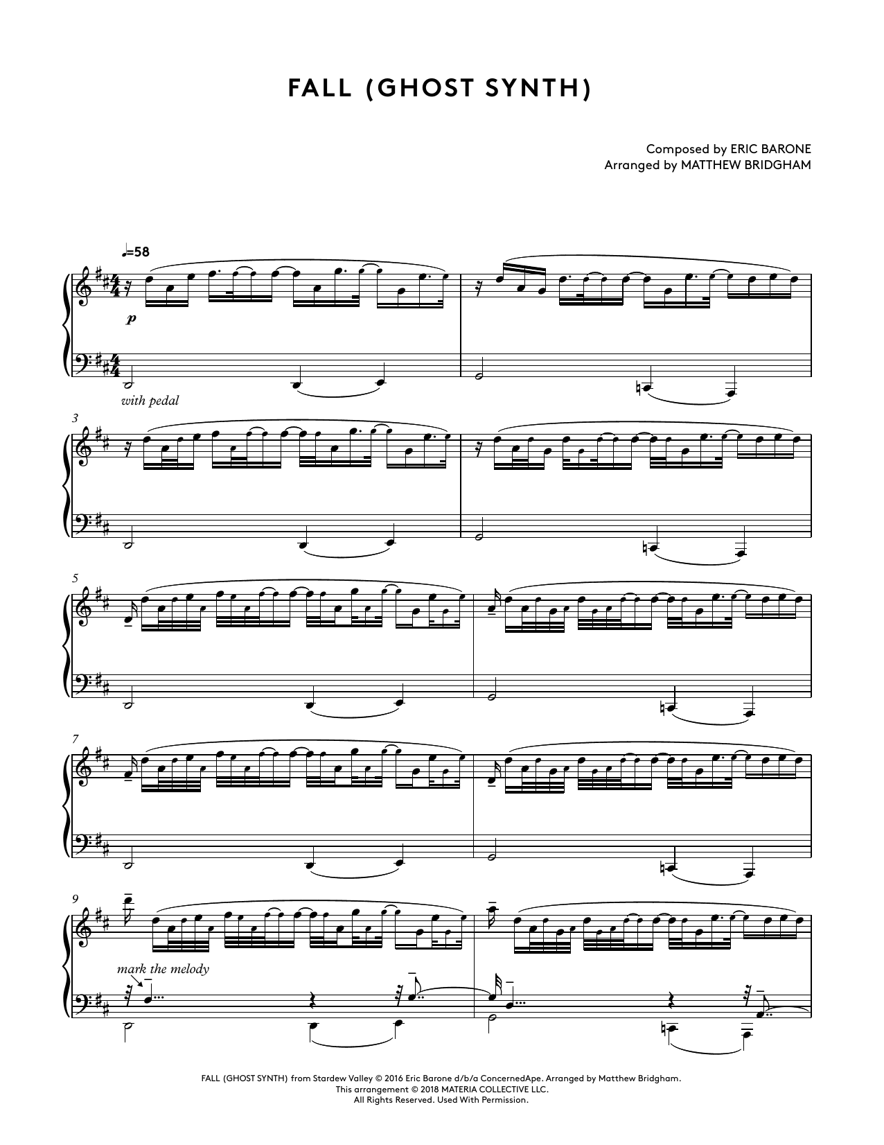 Download Eric Barone Fall (Ghost Synth) (from Stardew Valley Piano Collections) (arr. Matthew Bridgha Sheet Music and learn how to play Piano Solo PDF digital score in minutes
