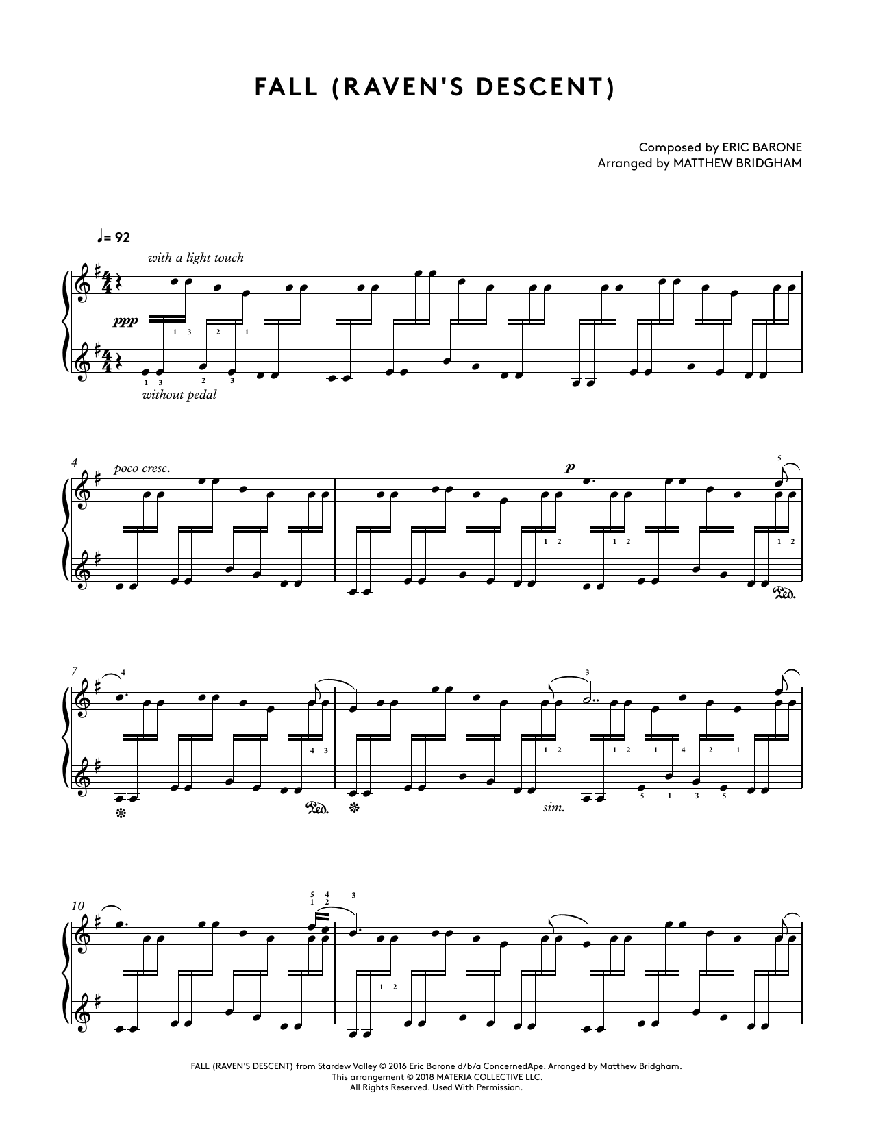 Download Eric Barone Fall (Raven's Descent) (from Stardew Valley Piano Collections) (arr. Matthew Bri Sheet Music and learn how to play Piano Solo PDF digital score in minutes