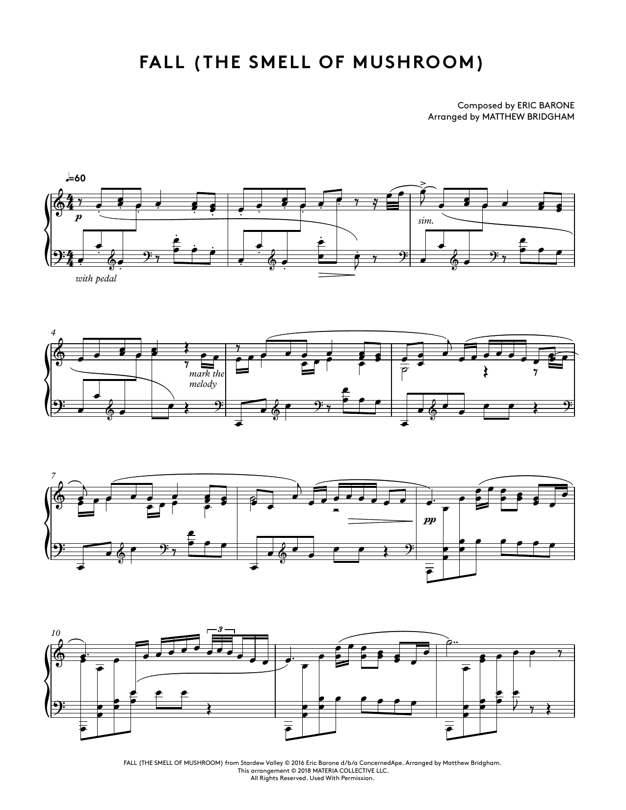 Download Eric Barone Fall (The Smell Of Mushroom) (from Stardew Valley Piano Collections) (arr. Matth Sheet Music and learn how to play Piano Solo PDF digital score in minutes