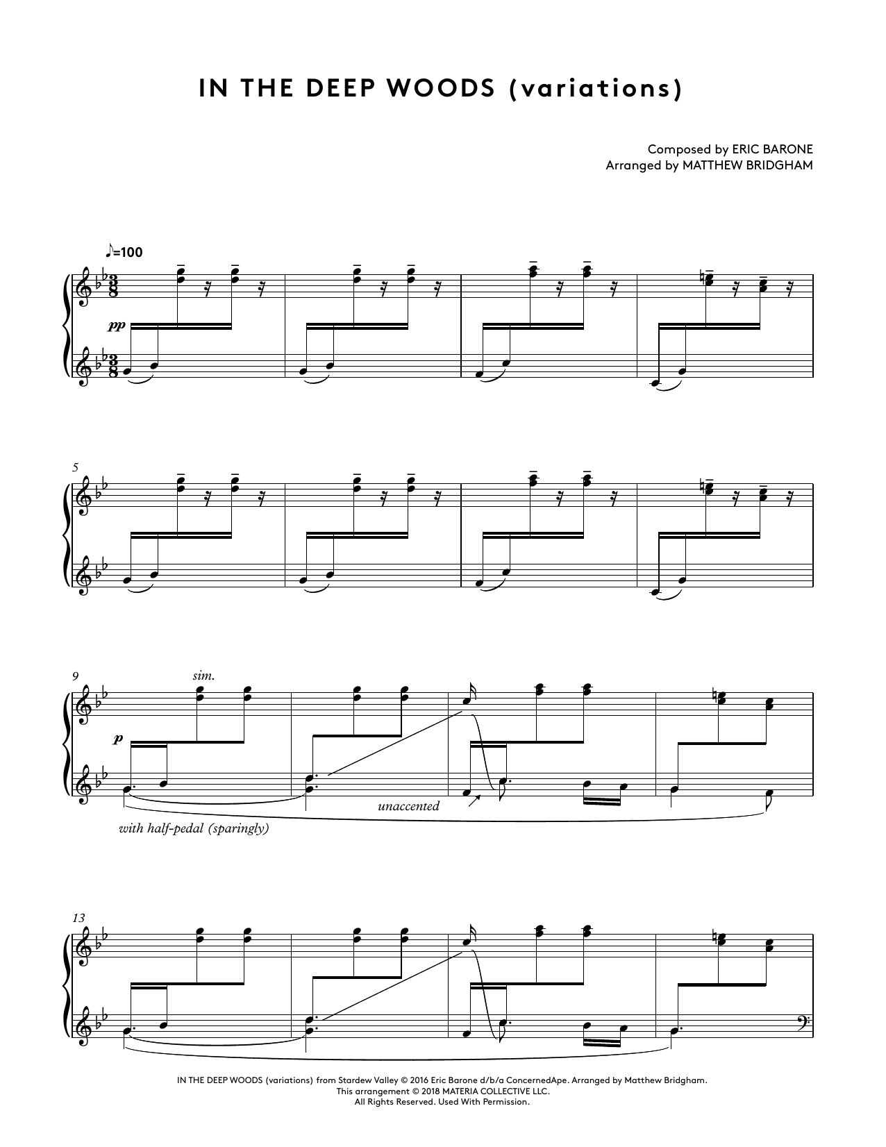 Download Eric Barone In The Deep Woods (variations) (from Stardew Valley Piano Collections) (arr. Mat Sheet Music and learn how to play Piano Solo PDF digital score in minutes