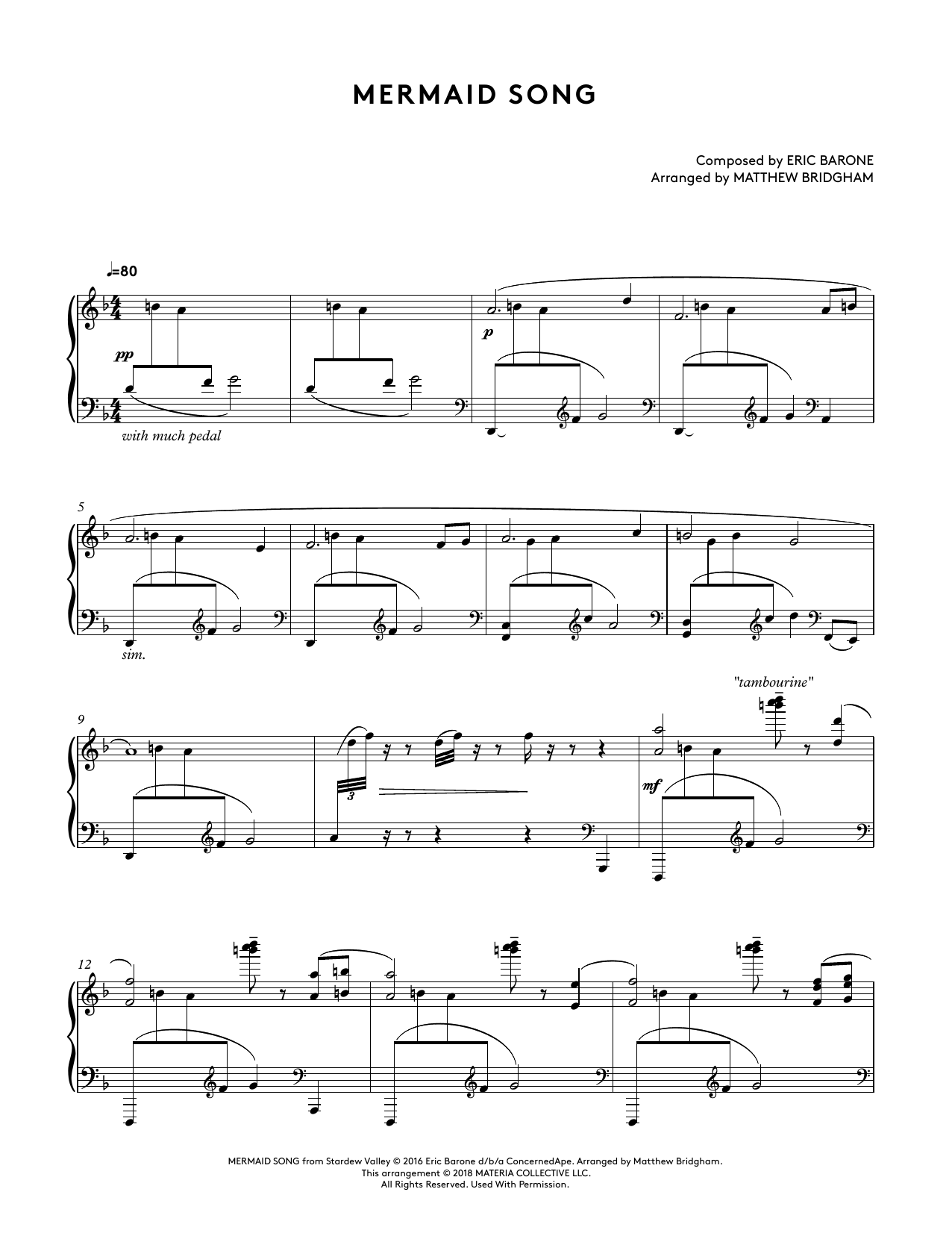 Download Eric Barone Mermaid Song (from Stardew Valley Piano Collections) (arr. Matthew Bridgham) Sheet Music and learn how to play Piano Solo PDF digital score in minutes
