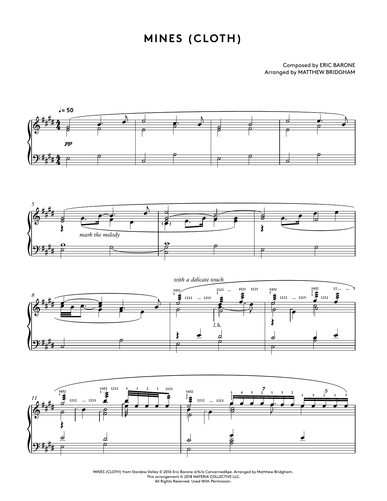 Download Eric Barone Mines (Cloth) (from Stardew Valley Piano Collections) (arr. Matthew Bridgham) Sheet Music and learn how to play Piano Solo PDF digital score in minutes