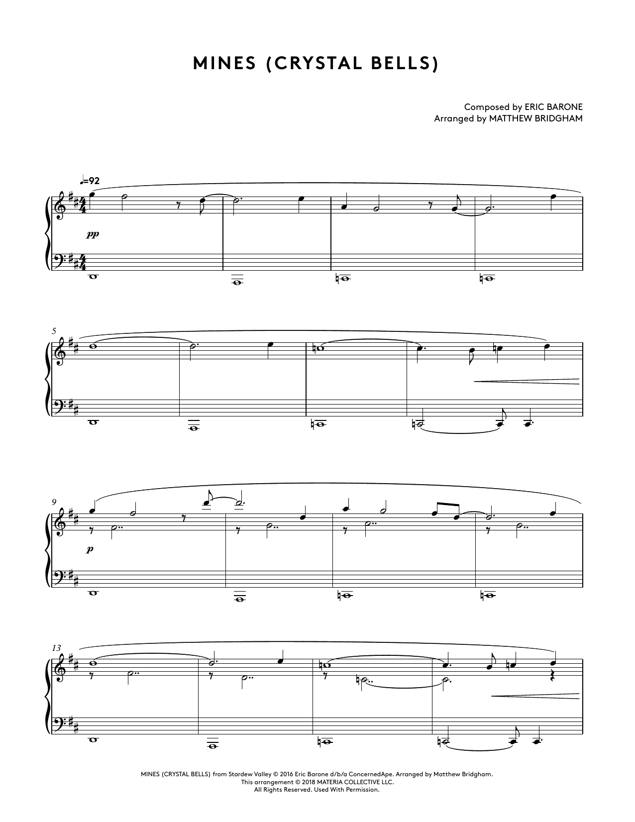 Download Eric Barone Mines (Crystal Bells) (from Stardew Valley Piano Collections) (arr. Matthew Brid Sheet Music and learn how to play Piano Solo PDF digital score in minutes