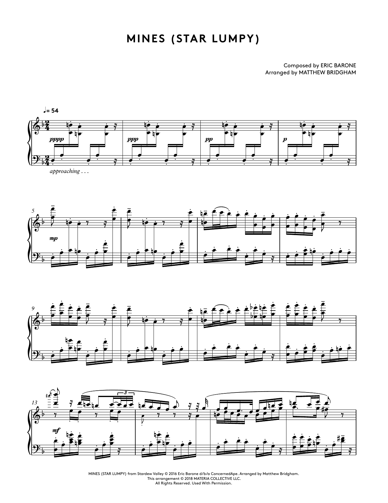 Download Eric Barone Mines (Star Lumpy) (from Stardew Valley Piano Collections) (arr. Matthew Bridgha Sheet Music and learn how to play Piano Solo PDF digital score in minutes