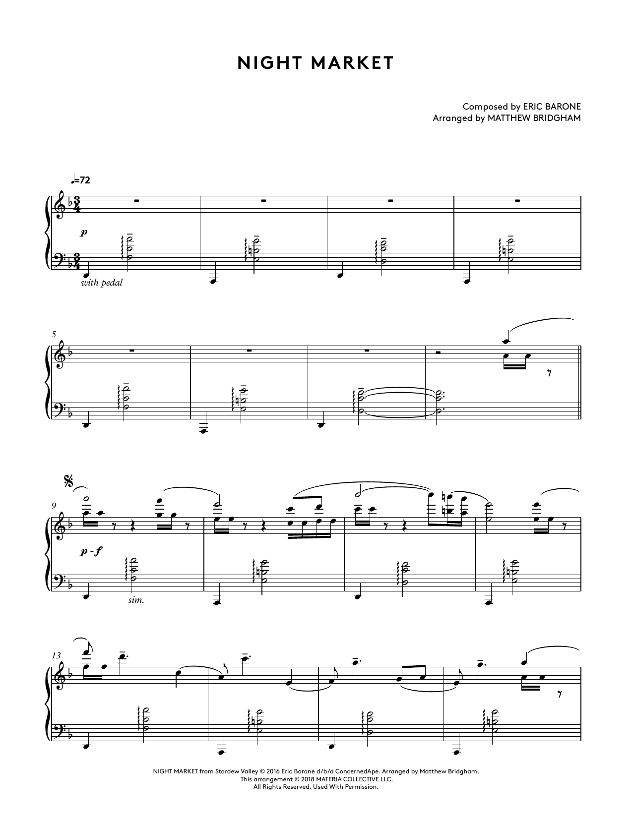 Download Eric Barone Night Market (from Stardew Valley Piano Collections) (arr. Matthew Bridgham) Sheet Music and learn how to play Piano Solo PDF digital score in minutes