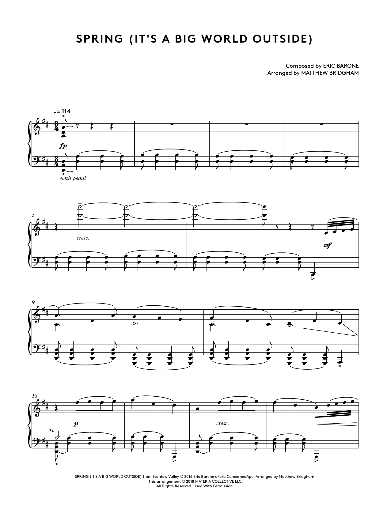 Download Eric Barone Spring (It's A Big World Outside) (from Stardew Valley Piano Collections) (arr. Sheet Music and learn how to play Piano Solo PDF digital score in minutes