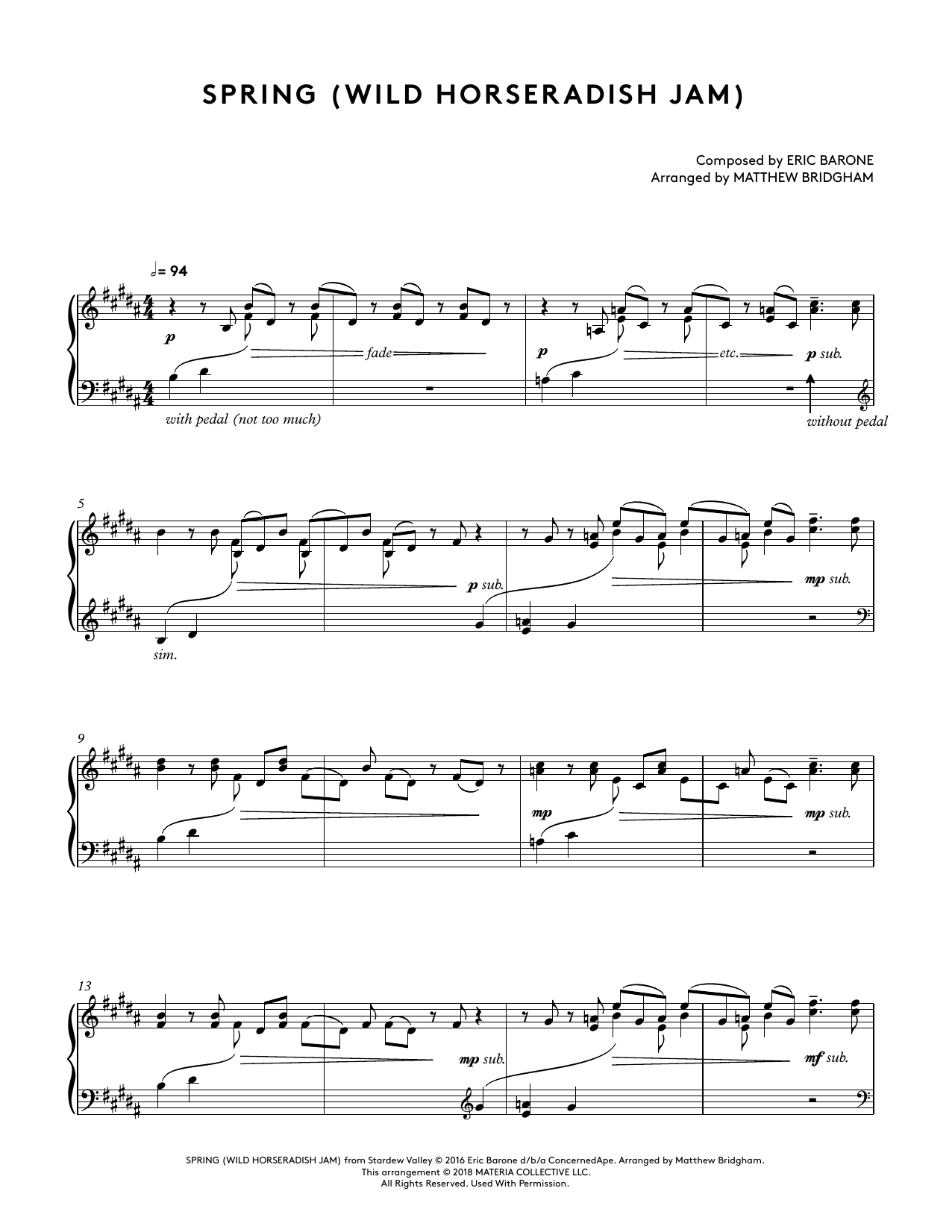Download Eric Barone Spring (Wild Horseradish Jam) (from Stardew Valley Piano Collections) (arr. Matt Sheet Music and learn how to play Piano Solo PDF digital score in minutes