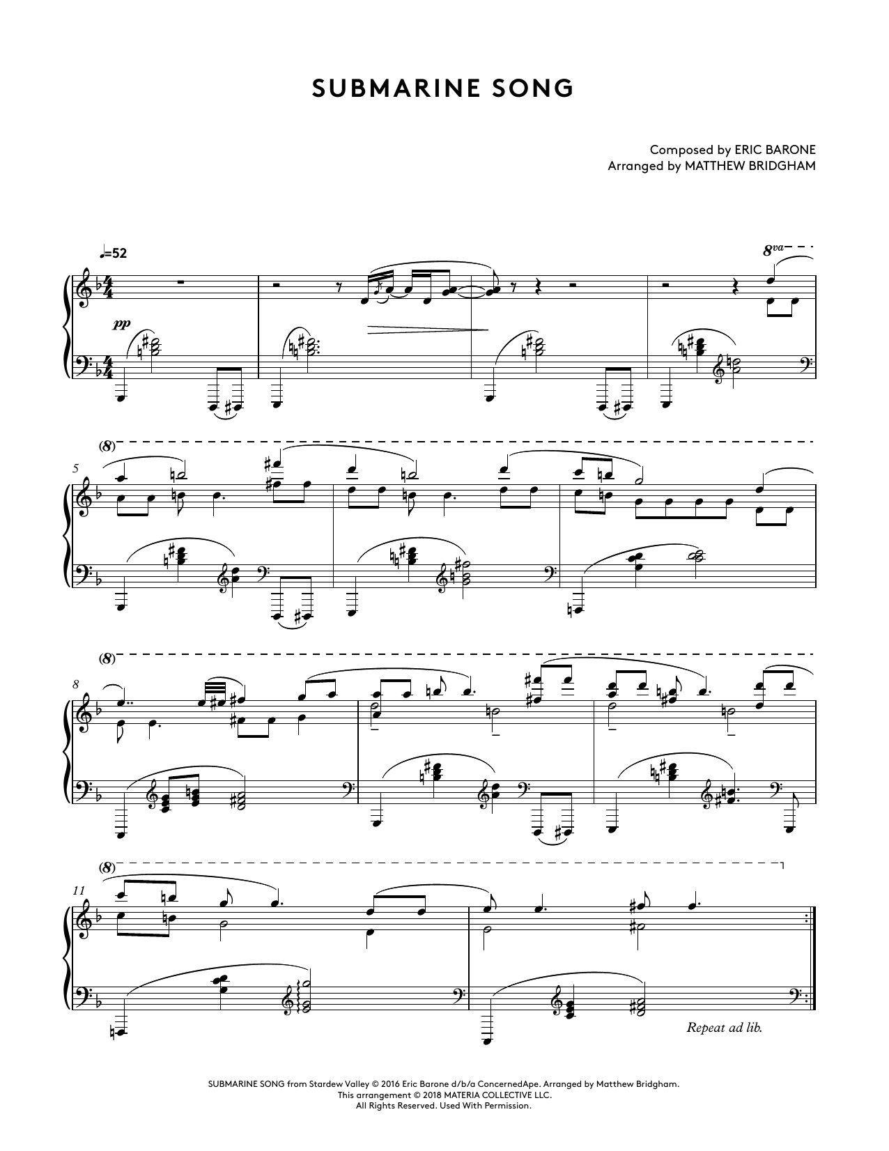 Download Eric Barone Submarine Song (from Stardew Valley Piano Collections) (arr. Matthew Bridgham) Sheet Music and learn how to play Piano Solo PDF digital score in minutes