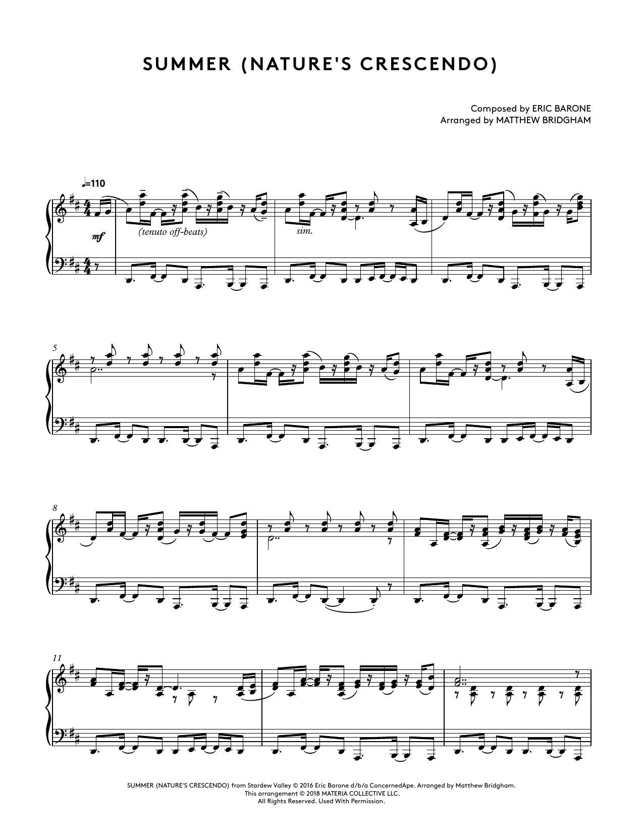 Download Eric Barone Summer (Nature's Crecendo) (from Stardew Valley Piano Collections) (arr. Matthew Sheet Music and learn how to play Piano Solo PDF digital score in minutes