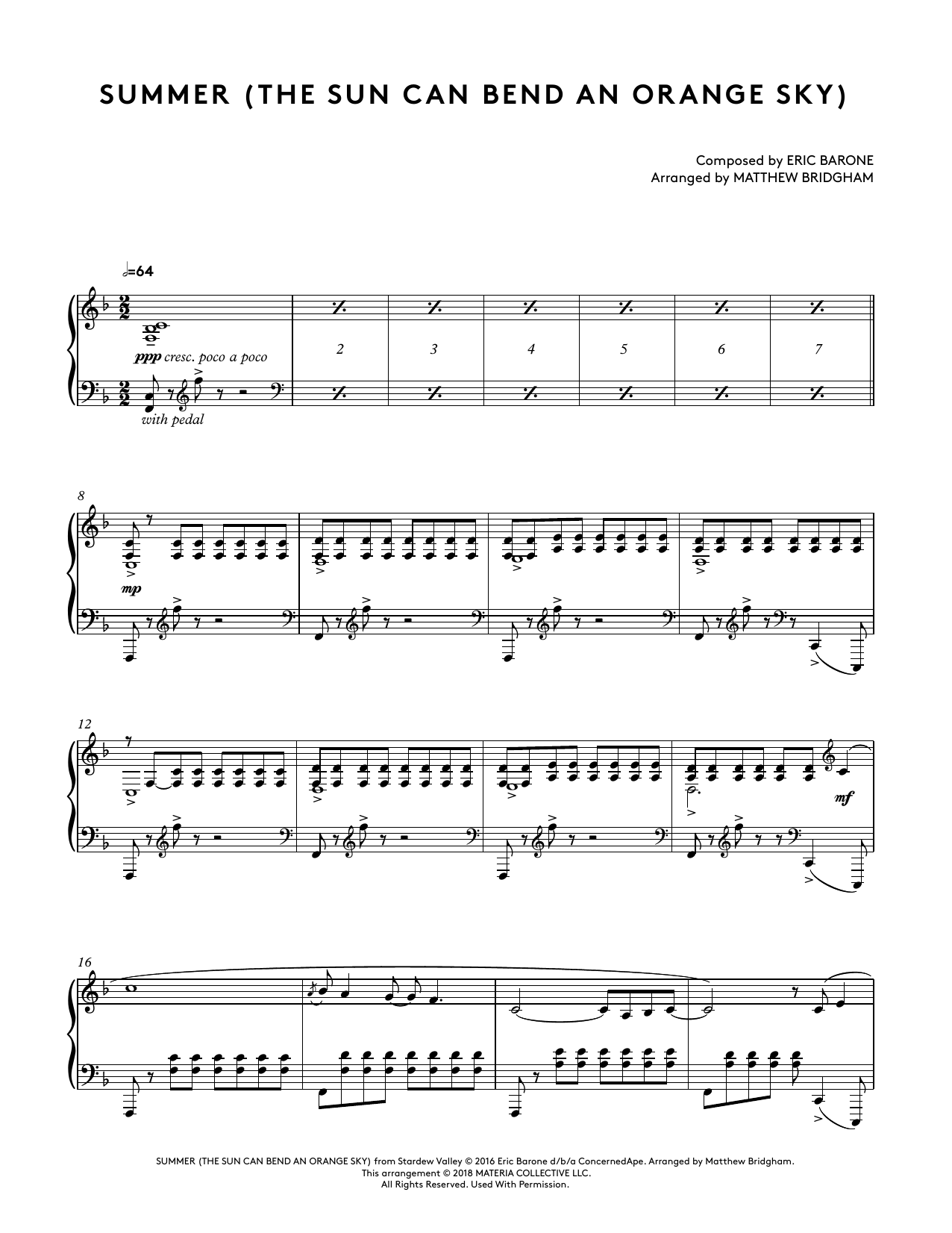Download Eric Barone Summer (The Sun Can Bend An Orange Sky) (Stardew Valley Piano Collections) (arr. Sheet Music and learn how to play Piano Solo PDF digital score in minutes