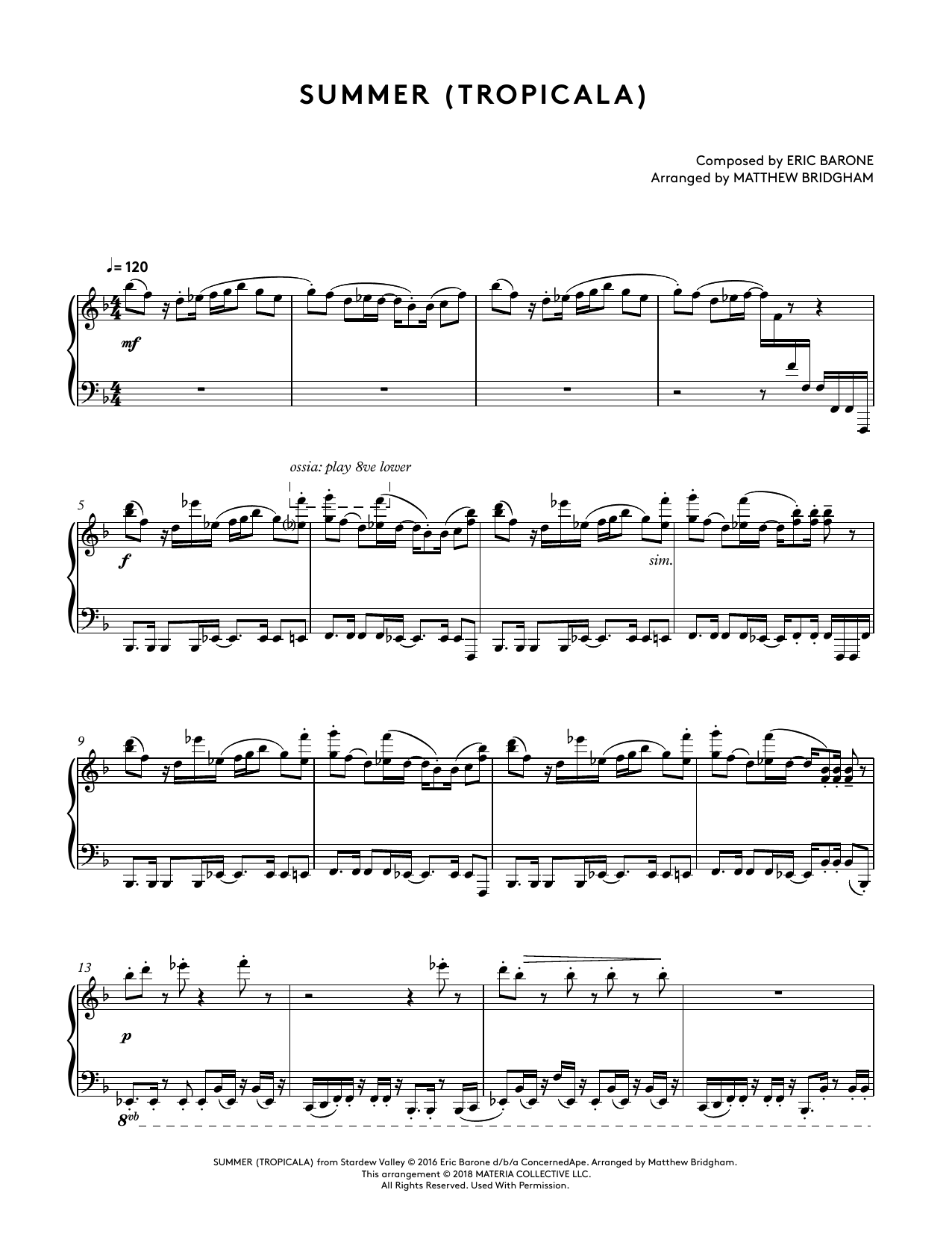 Download Eric Barone Summer (Tropicala) (from Stardew Valley Piano Collections) (arr. Matthew Bridgha Sheet Music and learn how to play Piano Solo PDF digital score in minutes