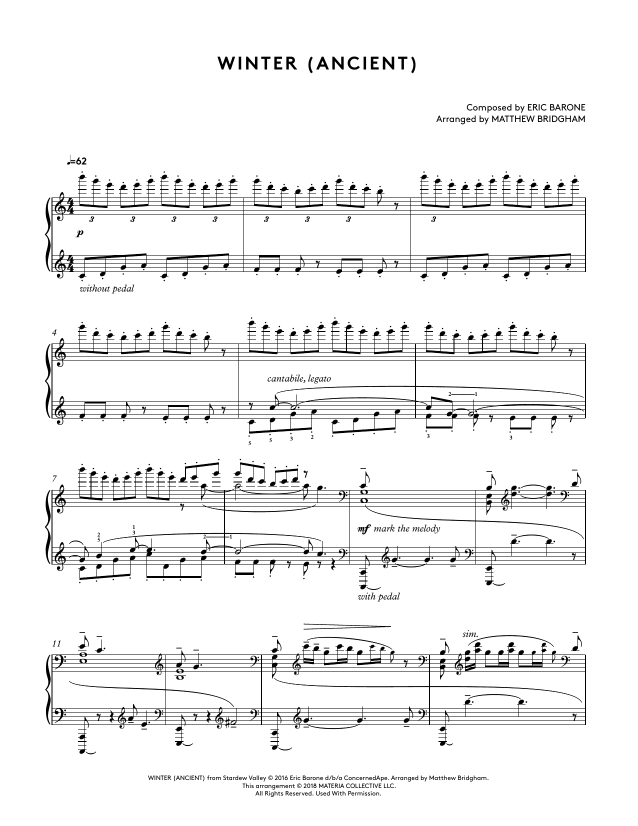 Download Eric Barone Winter (Ancient) (from Stardew Valley Piano Collections) (arr. Matthew Bridgham) Sheet Music and learn how to play Piano Solo PDF digital score in minutes