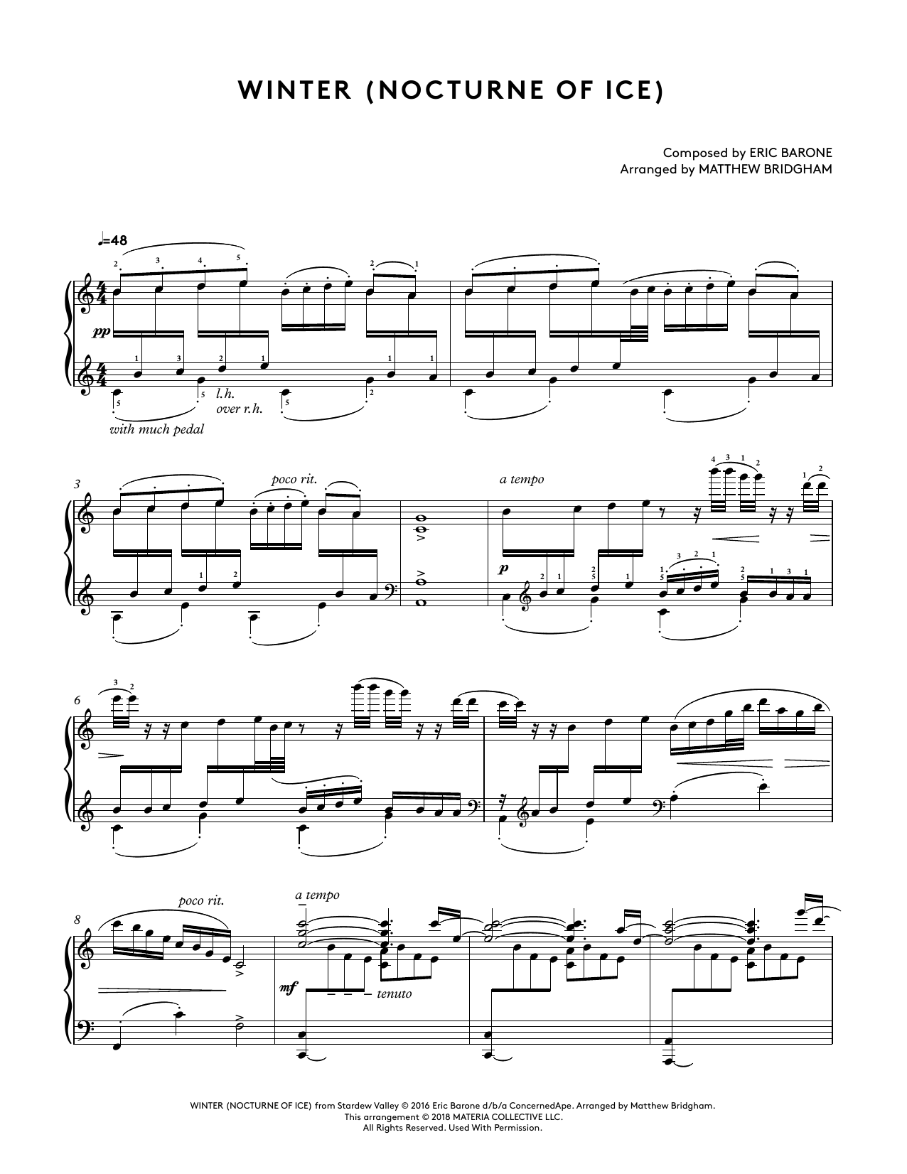 Download Eric Barone Winter (Nocturne Of Ice) (from Stardew Valley Piano Collections) (arr. Matthew B Sheet Music and learn how to play Piano Solo PDF digital score in minutes