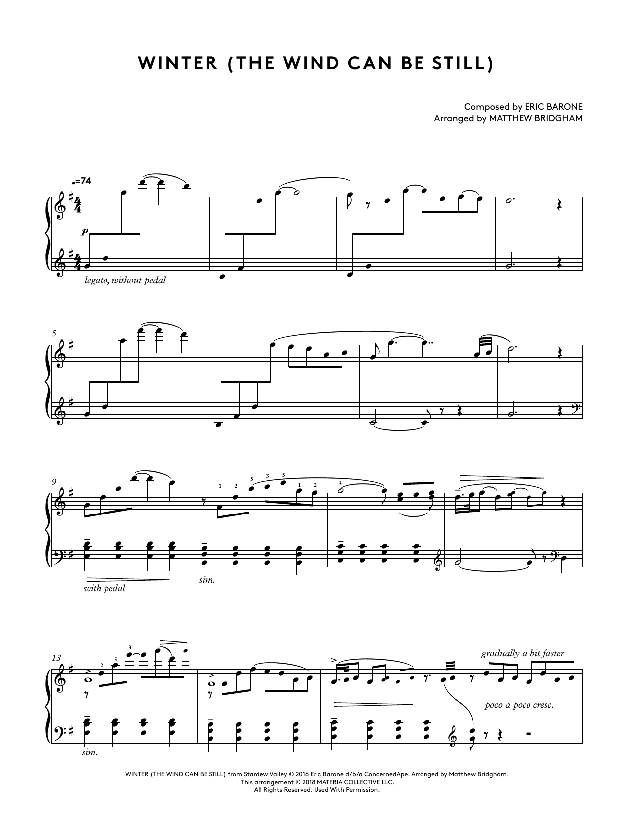 Download Eric Barone Winter (The Wind Can Be Still) (from Stardew Valley Piano Collections) (arr. Mat Sheet Music and learn how to play Piano Solo PDF digital score in minutes