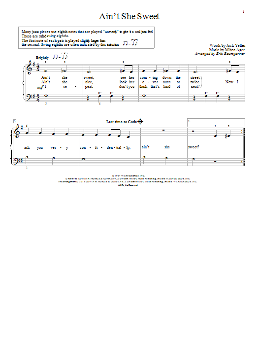 Download Eric Baumgartner Ain't She Sweet Sheet Music and learn how to play Educational Piano PDF digital score in minutes