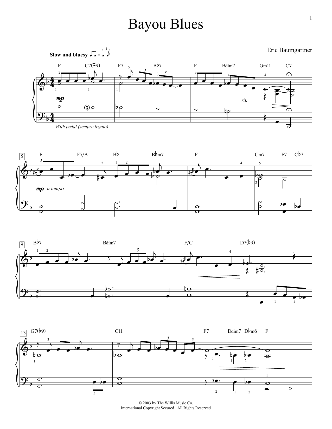 Download Eric Baumgartner Bayou Blues Sheet Music and learn how to play Educational Piano PDF digital score in minutes