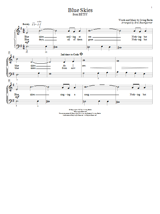 Download Eric Baumgartner Blue Skies Sheet Music and learn how to play Easy Piano PDF digital score in minutes