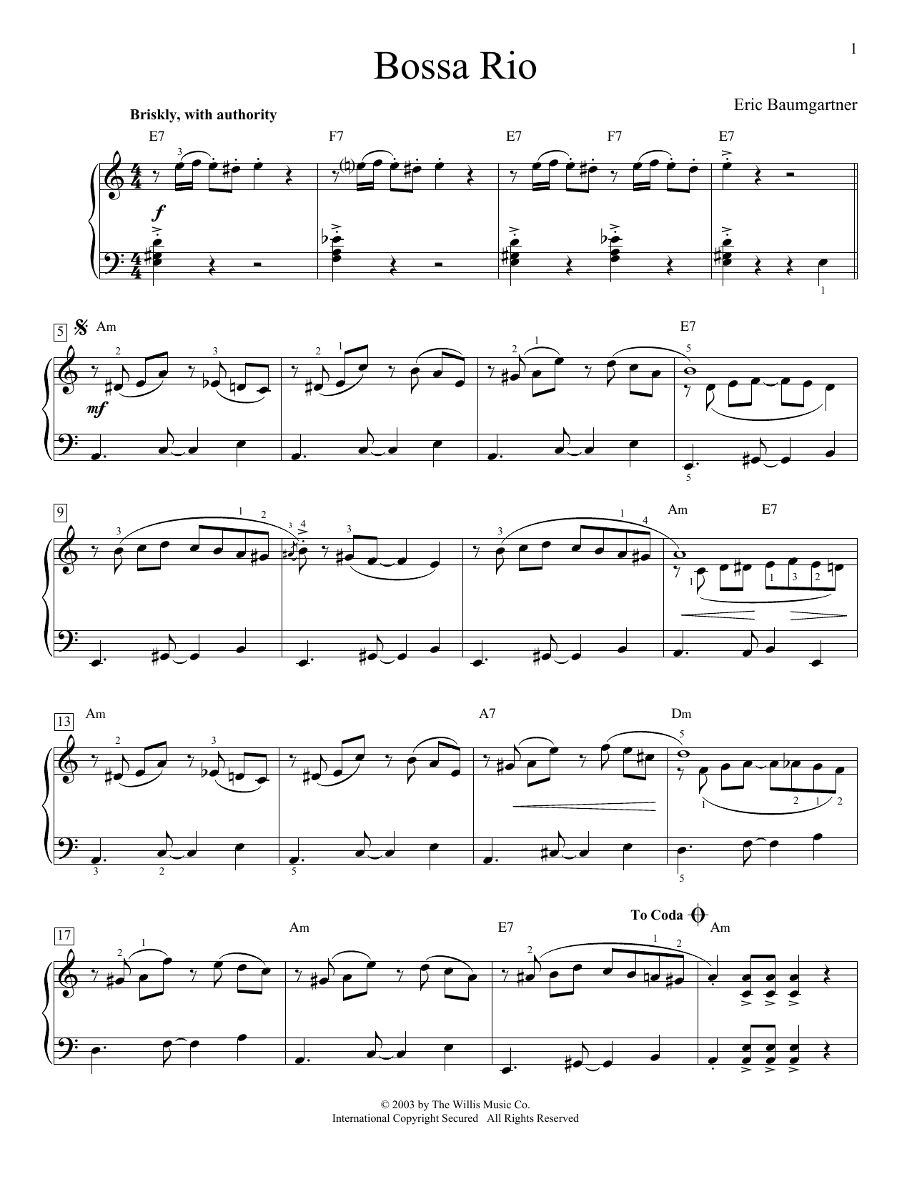 Download Eric Baumgartner Bossa Rio Sheet Music and learn how to play Educational Piano PDF digital score in minutes