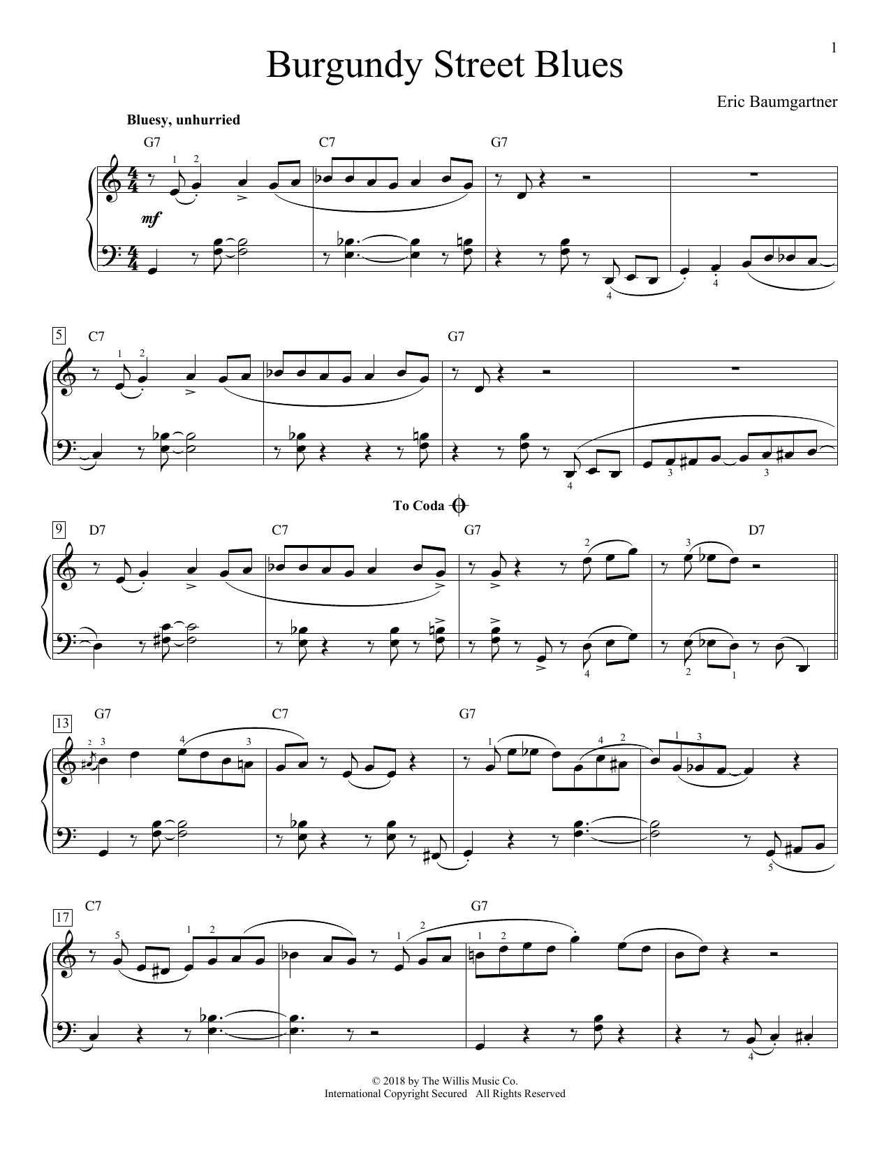 Download Eric Baumgartner Burgundy Street Blues Sheet Music and learn how to play Educational Piano PDF digital score in minutes