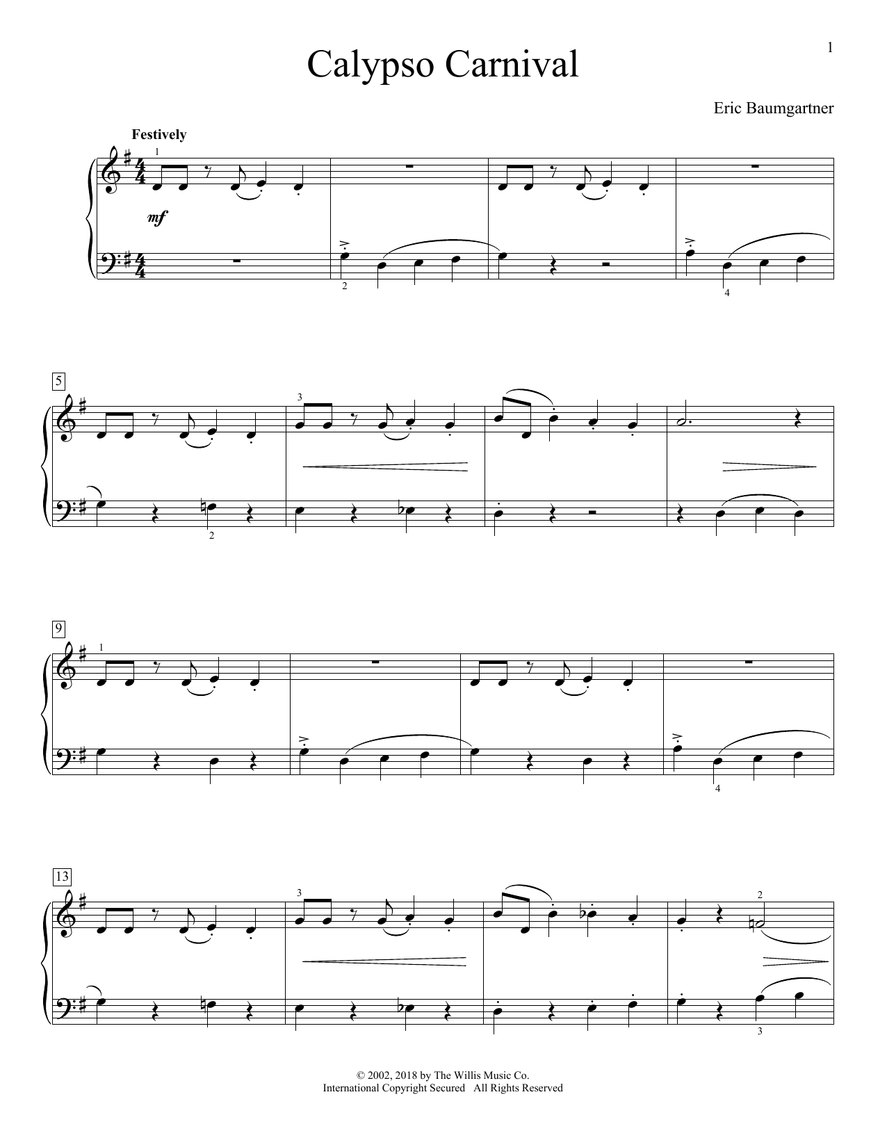 Download Eric Baumgartner Calypso Carnival Sheet Music and learn how to play Educational Piano PDF digital score in minutes