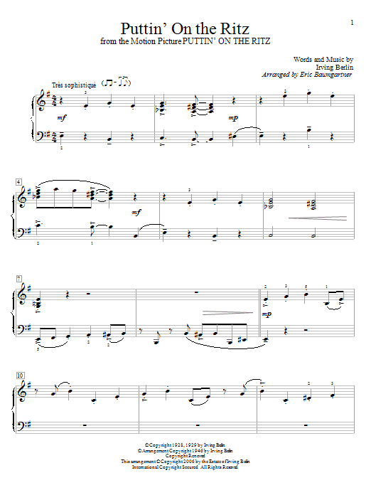 Download Irving Berlin Puttin' On The Ritz Sheet Music and learn how to play Easy Piano PDF digital score in minutes