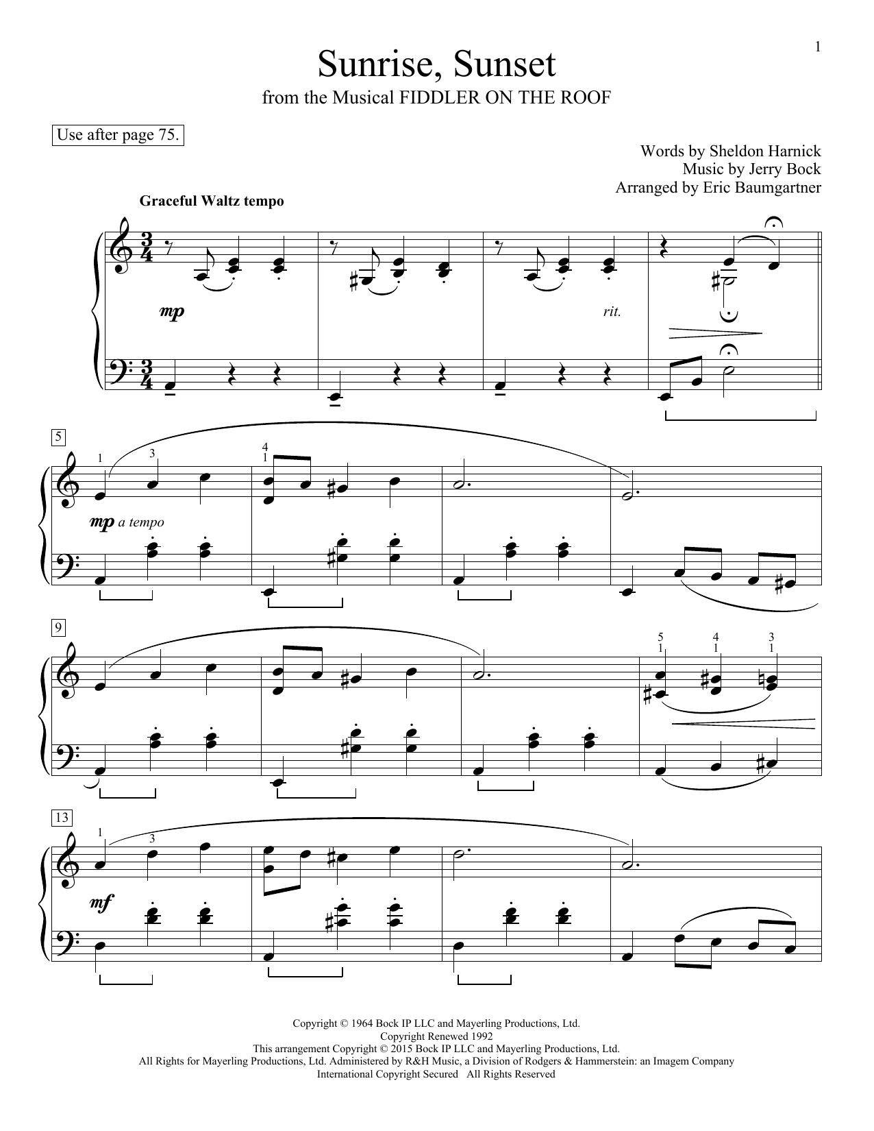 Download Jerry Bock Sunrise, Sunset Sheet Music and learn how to play Easy Piano PDF digital score in minutes