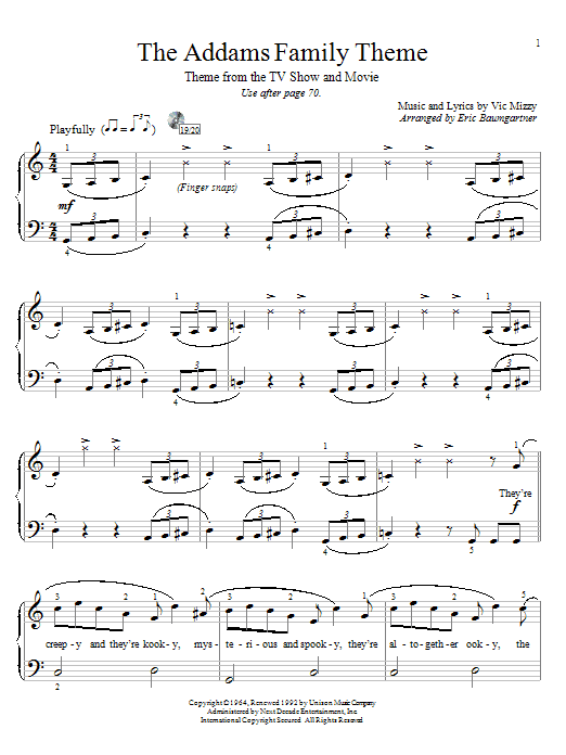 Download Vic Mizzy The Addams Family Theme Sheet Music and learn how to play Easy Piano PDF digital score in minutes