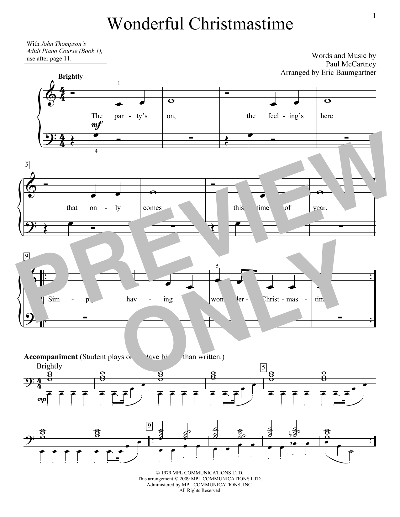 Download Eric Baumgartner Wonderful Christmastime Sheet Music and learn how to play Easy Piano PDF digital score in minutes