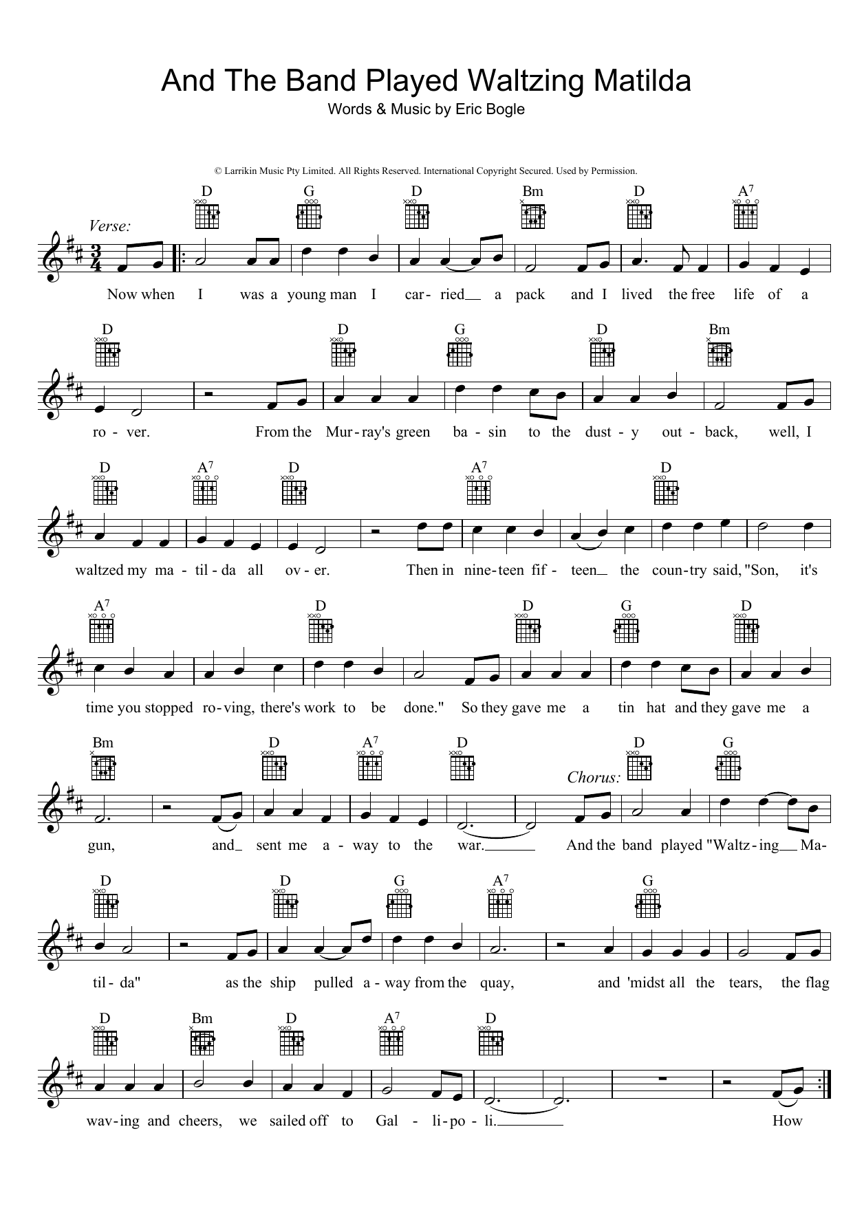 Download Eric Bogle And The Band Played Waltzing Matilda Sheet Music and learn how to play SATB PDF digital score in minutes