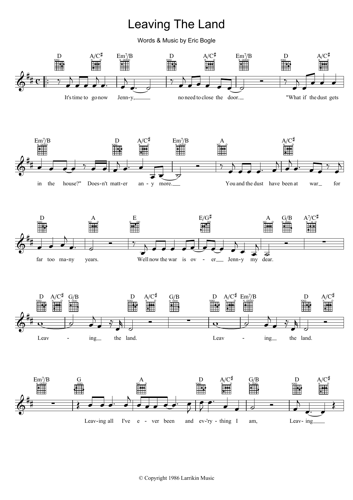 Download Eric Bogle Leaving The Land Sheet Music and learn how to play Melody Line, Lyrics & Chords PDF digital score in minutes