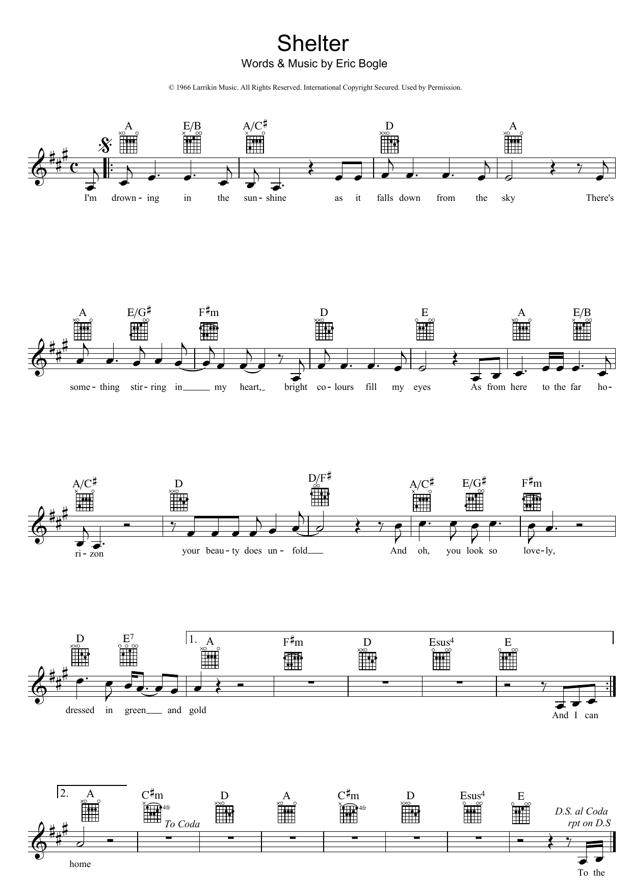 Download Eric Bogle Shelter Sheet Music and learn how to play Melody Line, Lyrics & Chords PDF digital score in minutes