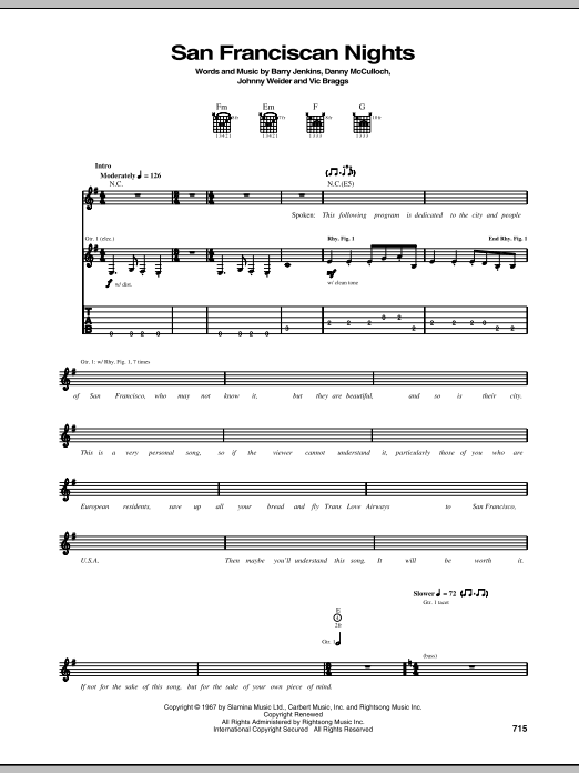 Download Eric Burdon & The Animals San Franciscan Nights Sheet Music and learn how to play Piano, Vocal & Guitar (Right-Hand Melody) PDF digital score in minutes