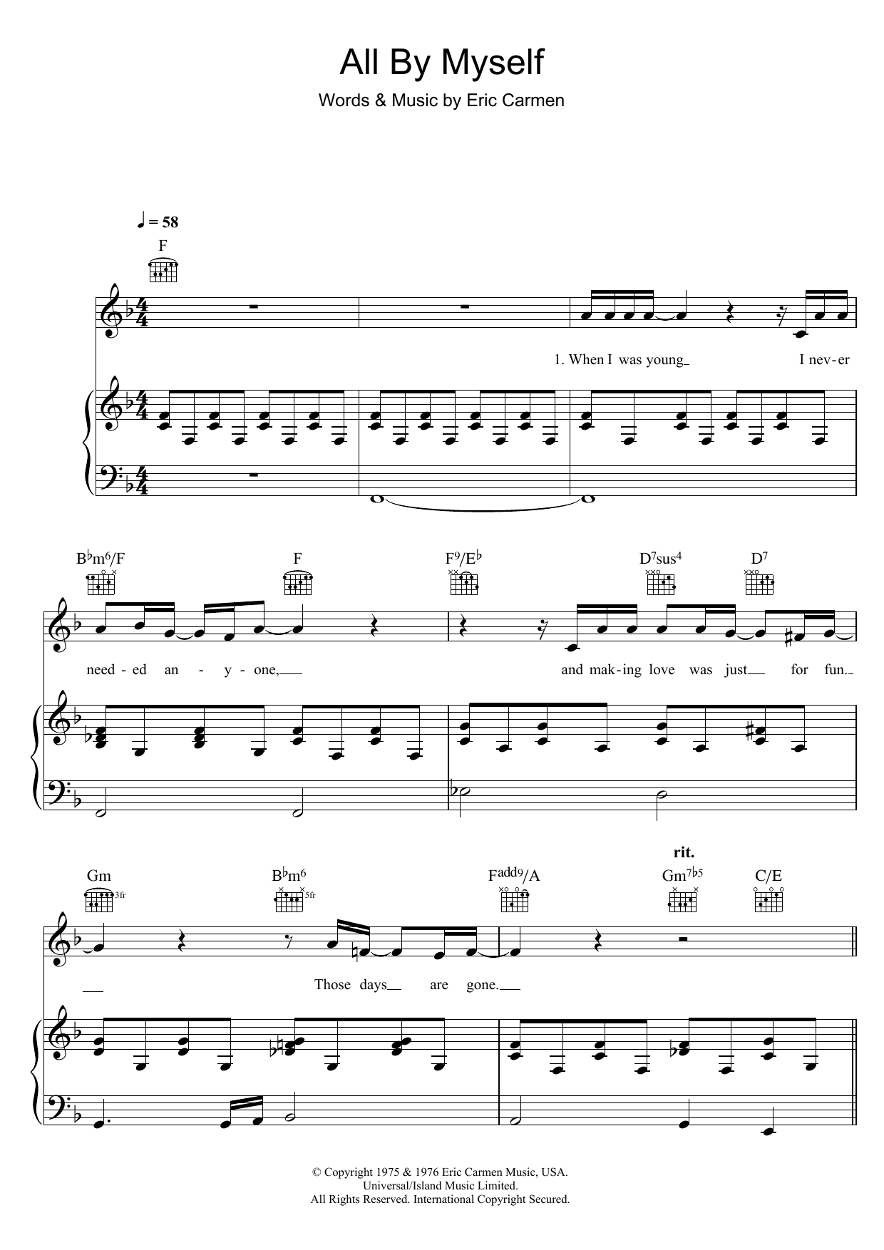 Download Eric Carmen All By Myself Sheet Music and learn how to play Piano, Vocal & Guitar PDF digital score in minutes