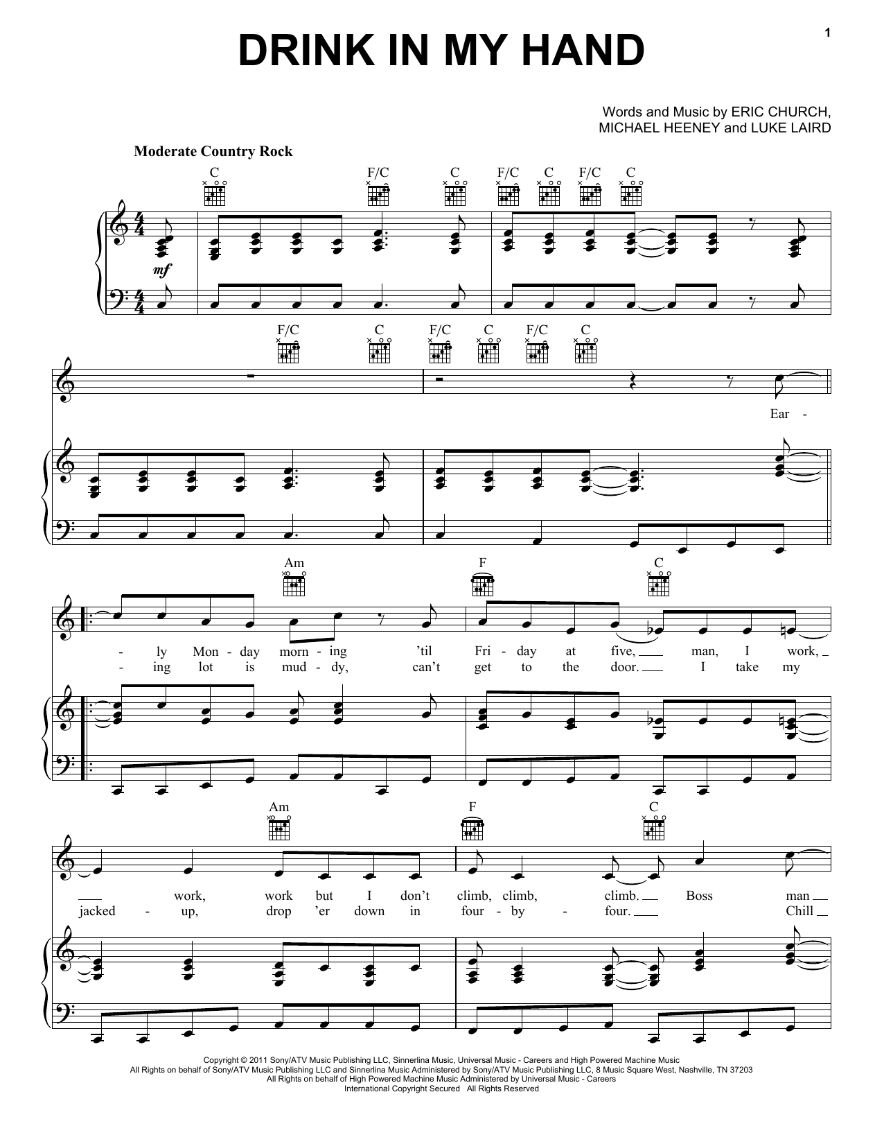 Download Eric Church Drink In My Hand Sheet Music and learn how to play Guitar Tab Play-Along PDF digital score in minutes