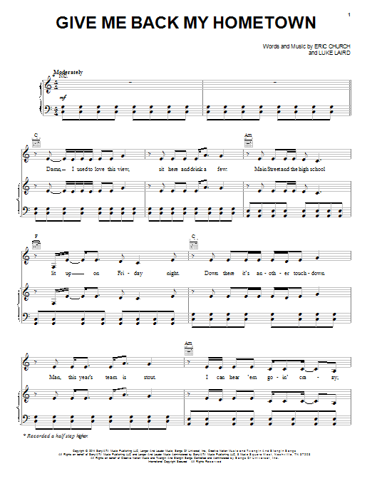 Download Eric Church Give Me Back My Hometown Sheet Music and learn how to play Piano, Vocal & Guitar (Right-Hand Melody) PDF digital score in minutes