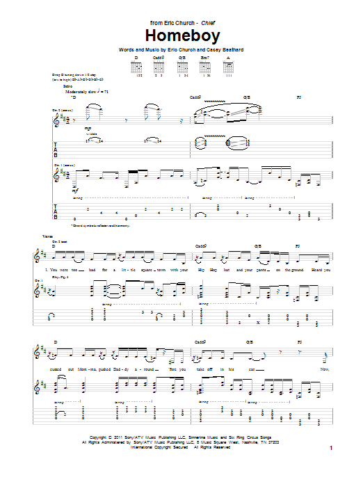 Download Eric Church Homeboy Sheet Music and learn how to play Guitar Tab PDF digital score in minutes