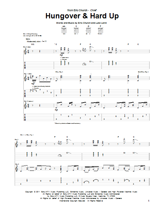 Download Eric Church Hungover & Hard Up Sheet Music and learn how to play Guitar Tab PDF digital score in minutes