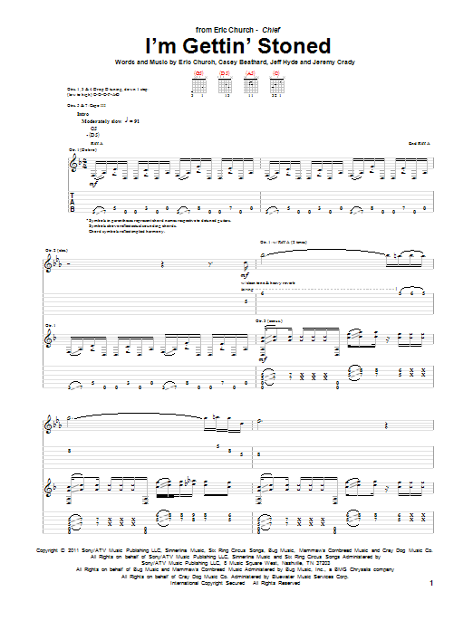 Download Eric Church I'm Gettin' Stoned Sheet Music and learn how to play Guitar Tab PDF digital score in minutes