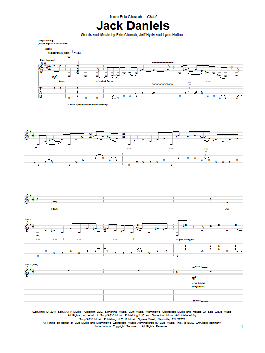 Download Eric Church Jack Daniels Sheet Music and learn how to play Guitar Tab PDF digital score in minutes