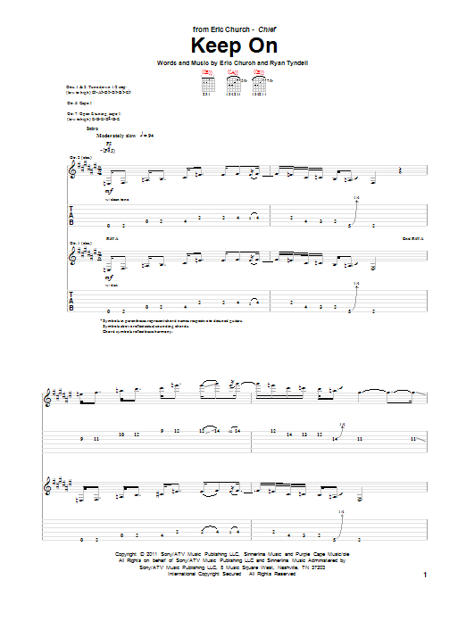 Download Eric Church Keep On Sheet Music and learn how to play Guitar Tab PDF digital score in minutes