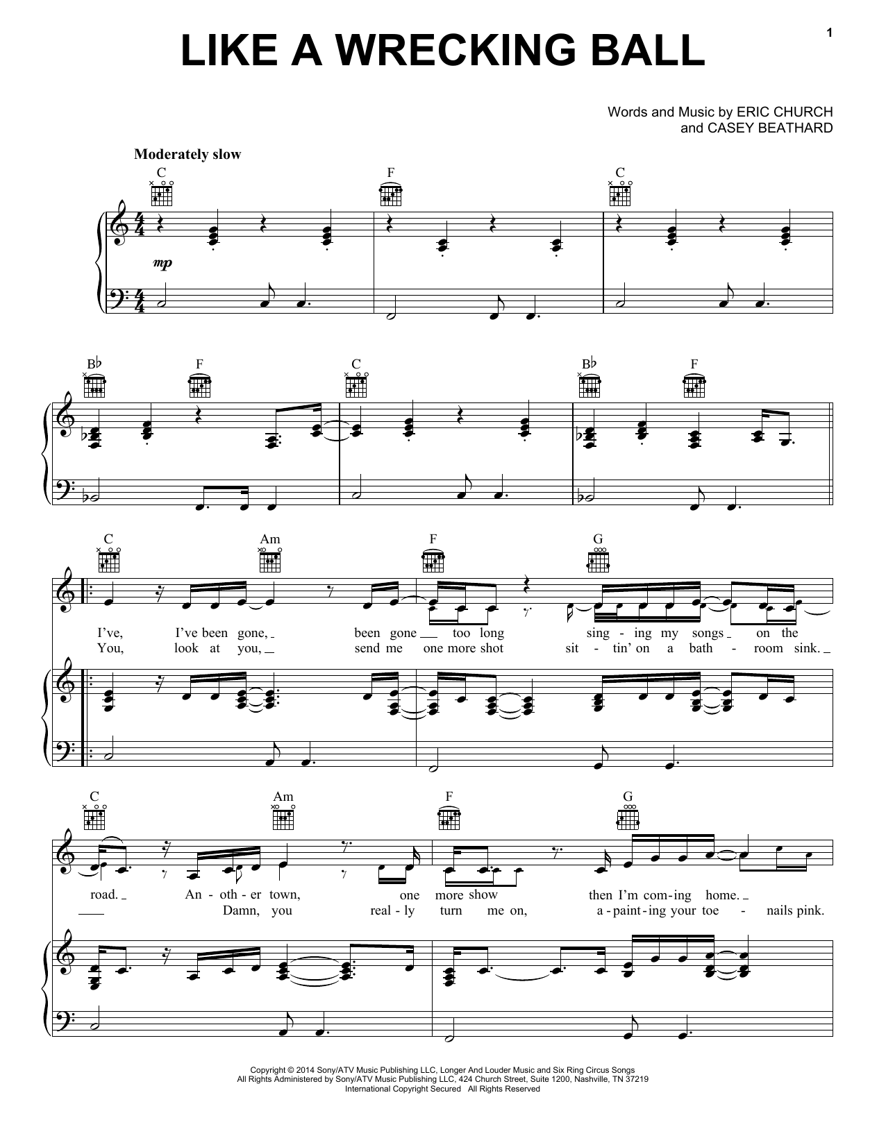 Download Eric Church Like A Wrecking Ball Sheet Music and learn how to play Piano, Vocal & Guitar (Right-Hand Melody) PDF digital score in minutes