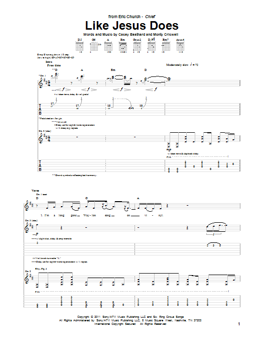 Download Eric Church Like Jesus Does Sheet Music and learn how to play Guitar Tab PDF digital score in minutes