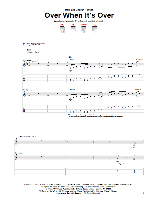 Download Eric Church Over When It's Over Sheet Music and learn how to play Guitar Tab PDF digital score in minutes