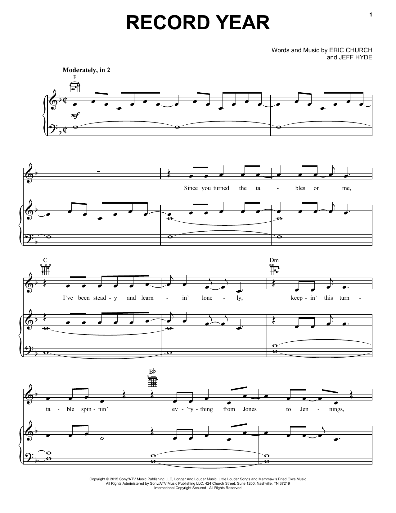 Download Eric Church Record Year Sheet Music and learn how to play Piano, Vocal & Guitar (Right-Hand Melody) PDF digital score in minutes