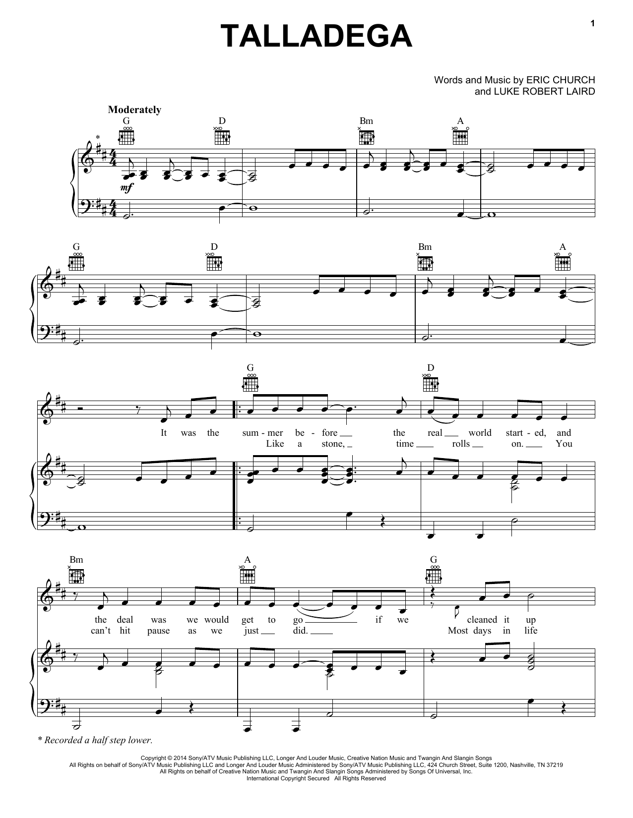 Download Eric Church Talladega Sheet Music and learn how to play Piano, Vocal & Guitar (Right-Hand Melody) PDF digital score in minutes