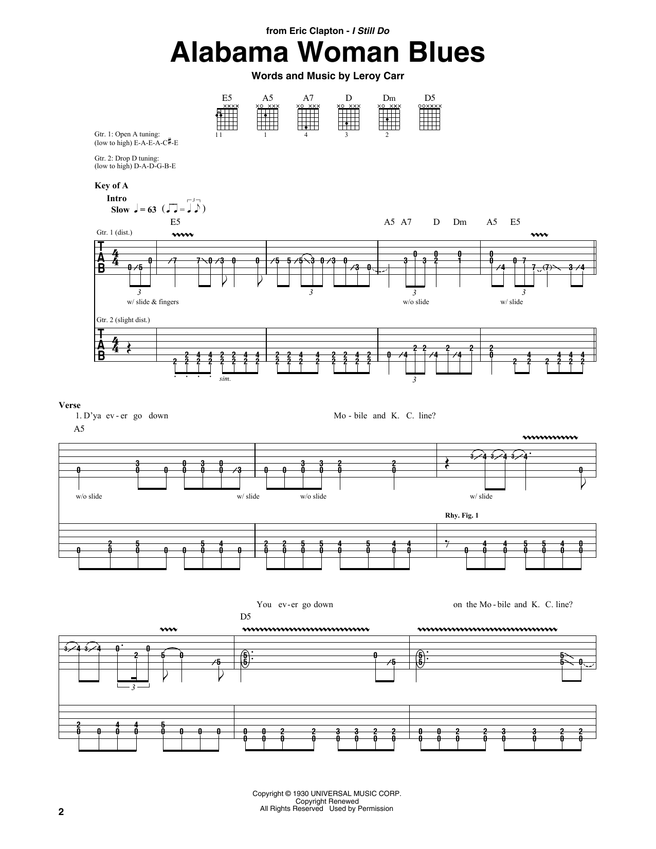 Download Eric Clapton Alabama Woman Blues Sheet Music and learn how to play Guitar Tab PDF digital score in minutes