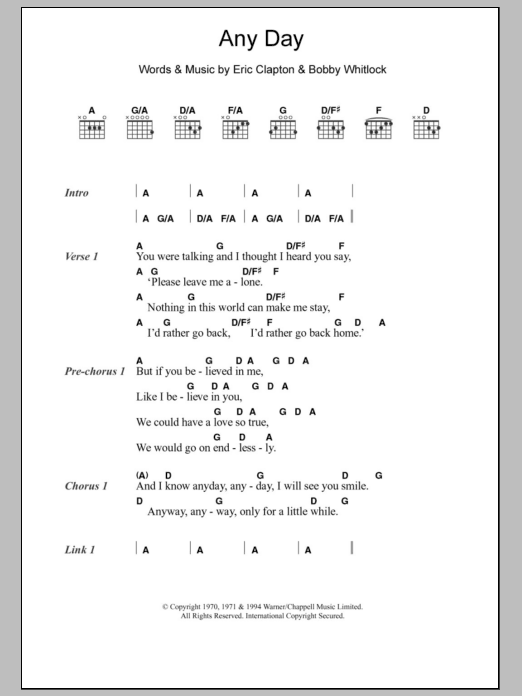 Download Eric Clapton Any Day Sheet Music and learn how to play Lyrics & Chords PDF digital score in minutes