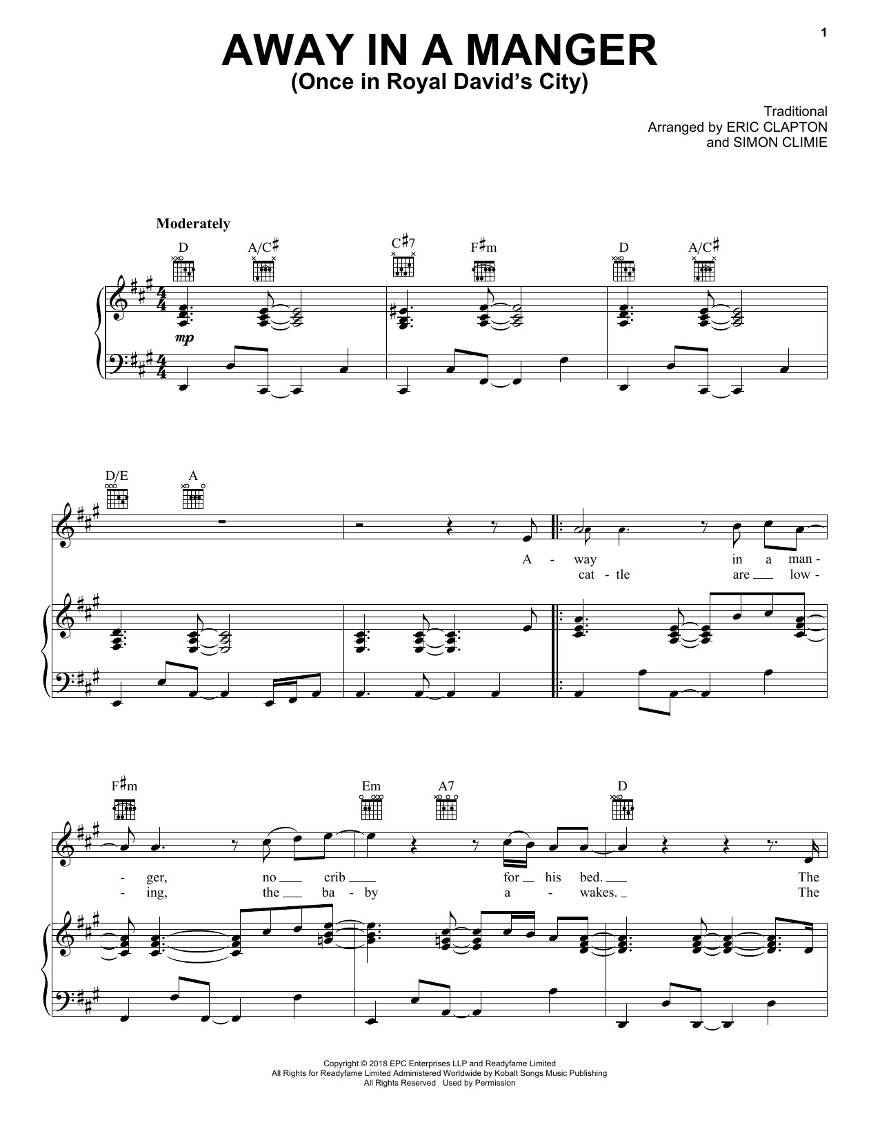 Download Eric Clapton Away In A Manger (Once In Royal David's City) Sheet Music and learn how to play Piano, Vocal & Guitar Chords (Right-Hand Melody) PDF digital score in minutes