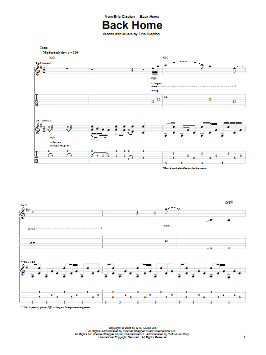 Download Eric Clapton Back Home Sheet Music and learn how to play Guitar Tab PDF digital score in minutes