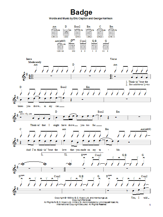 Download Cream Badge Sheet Music and learn how to play Guitar with strumming patterns PDF digital score in minutes